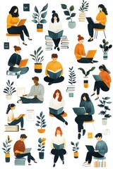 Naklejka premium Illustration of diverse individuals reading books and using tablets and technology