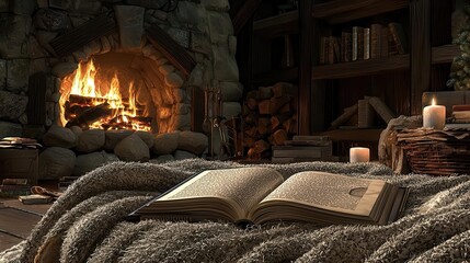 Cozy Fireplace Open Book and Candles A Winter Evening Scene