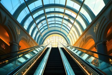 Fototapeta premium Modern Escalator Design in an Urban Shopping Mall with Glass Ceilings and Contemporary Architecture