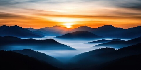 Fototapeta premium Ethereal mist-covered valley at sunrise, layers of mountains fading into the distance, dreamy and atmospheric natural landscape