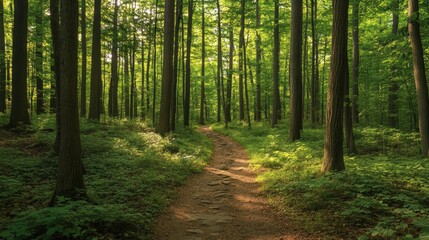 Obraz premium Serene Virginia Forest: A Summer Hiking Trail Leading Through Lush Green Canopy