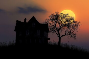 Spooky Silhouette of an Old House on the Hill Against a Sunset Sky, Perfect for Halloween Atmosphere