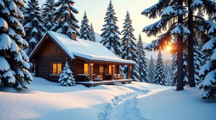 Serene Winter Wonderland Cozy Log Cabin Nestled Amongst Snow-Covered Evergreens at Sunset