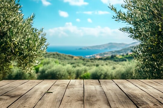 Wooden table overlooking scenic coastal olive grove.