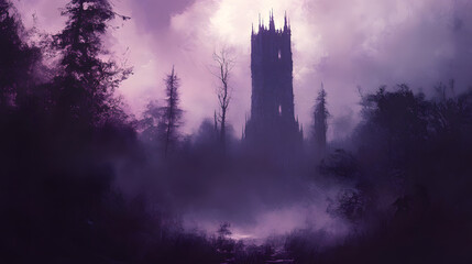 Mysterious gothic tower shrouded in purple mist, dark forest, fantasy landscape, ethereal atmosphere, gothic architecture, dark fairytale.