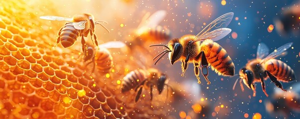 Close-up of bees gathering nectar on bright golden honeycomb