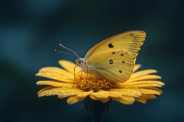 Vibrant Yellow Butterfly on Dew-Kissed Flower - Nature's Delicate Beauty