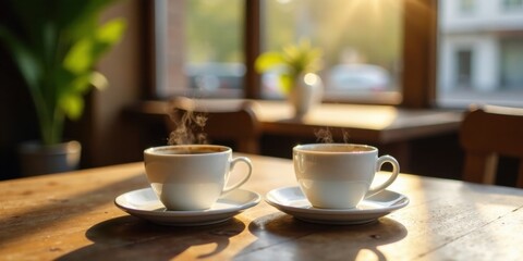 Fototapeta premium Warm Morning Sunlight Illuminates Two Steaming Cups of Coffee on a Wooden Table in a Cozy Cafe Setting