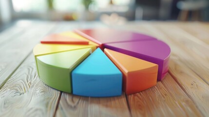 Fototapeta premium Colorful 3D Pie Chart Model with Separated Slices on Light Wooden Table