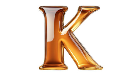 A shiny, stylized letter "K" in a warm, amber hue, showcasing a fluid design and reflective surface.