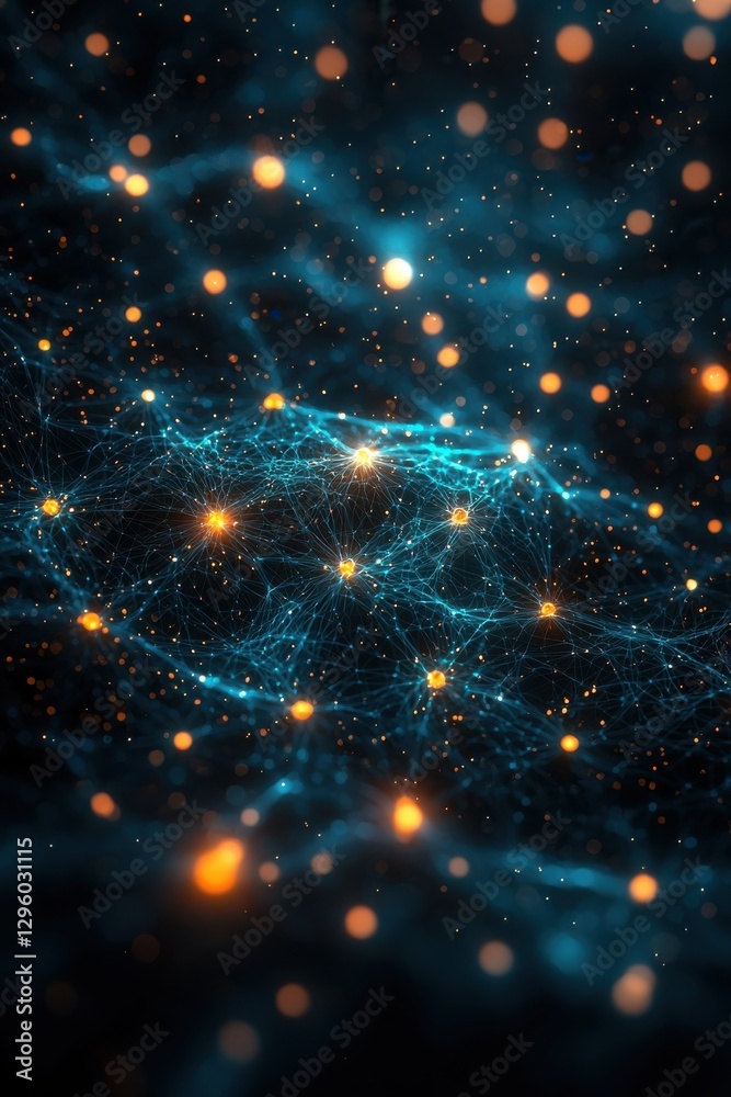 Poster visualization of a digital network with glowing points and connections on dark background