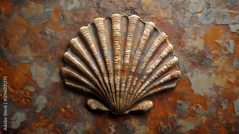 Poster a detailed close-up of a rustic seashell on a weathered textured surface. ancient ocean treasure: a 