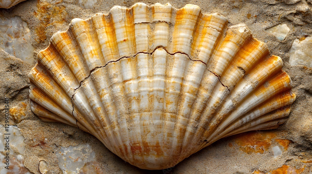 Aufkleber close-up view of a cracked scallop shell partially embedded in sandy sediment, showcasing its detail