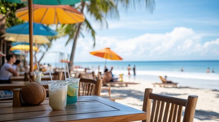 Relaxing beachside drinks at a tropical resort seaside beverage photography sunny paradise eye-level leisure and indulgence