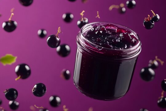 Blackcurrant jam in glass jar, ripe berries cascading against vivid purple backdrop, highlighting fresh, tempting preserve