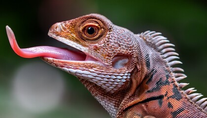 Fototapeta premium Macro lizard tongue flick: sharp texture reveals hunting tool nature. Predatory, fast, detailed. Wildlife action, reptilian agility