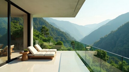 Serene mountain vista from a minimalist balcony, featuring modern lounge chairs and a glass railing, offering breathtaking panoramic views of rolling hills and lush greenery.