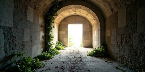 Obraz premium Ancient stone passageway with light at the end, overgrown with vibrant green foliage, leading to an open doorway