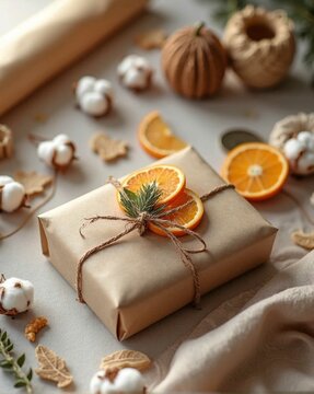 Beautifully wrapped gift with brown paper, dried orange slices, and cotton balls scattered around it on the table, surrounded by scissors, fabric rolls, and other craft materials. The background is 
