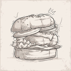 Hand drawn delicious junk food oversized burger sketch with crown on a vintage textured background