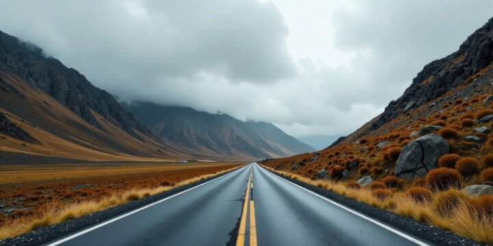 A solitary asphalt highway stretches towards a distant mountain range under a brooding sky, flanked by arid, rocky hillsides with sparse, tawny vegetation.
