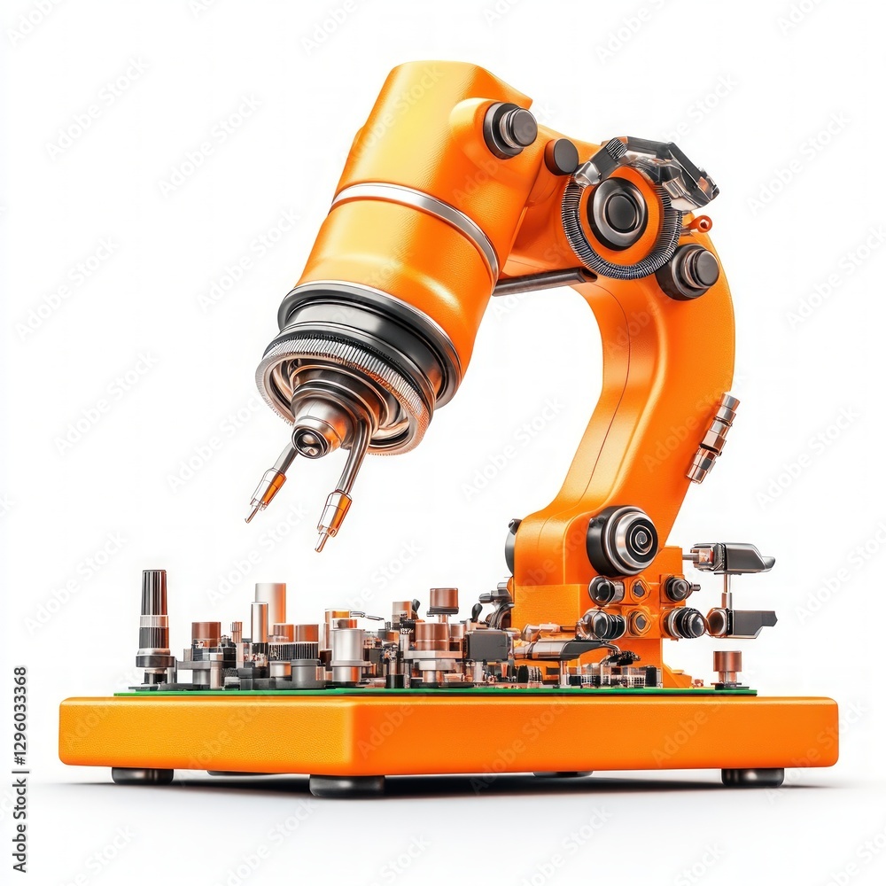 Poster Robotic arm skillfully working on a circuit board, demonstrating automation and precision in modern manufacturing process