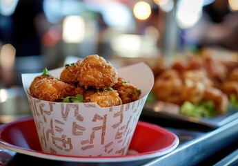 Crispy Fried Chicken Bites Served in Takeout Box with Fresh Greens Against Blurred Background of Food Stall at a Market