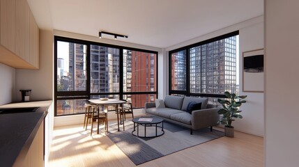 Fototapeta premium Modern Urban Living Room with Large Windows and City View