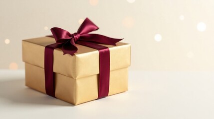 Obraz premium A luxuriously wrapped golden gift box with a rich burgundy ribbon, perfectly presented against a soft, bokeh background, symbolizing celebration and thoughtful gifting.