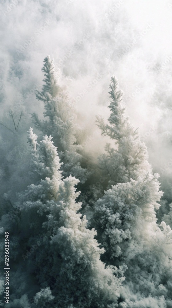 Poster frost-covered trees rise majestically amidst a thick blanket of swirling mist, creating a mystical a