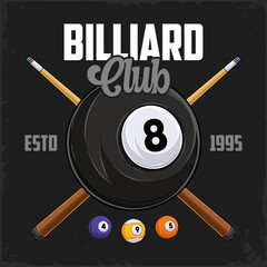 Hand drawn billiard eight ball with cues and shiny balls ready to break for a pool club competition