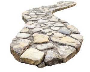 Curved stone pathway made of irregularly shaped stones, creating natural look. Ideal for gardens or outdoor spaces, enhancing landscape design with rustic charm