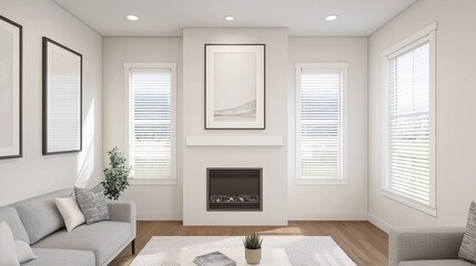 Fototapeta premium Modern Living Room Interior with Cozy Fireplace and Natural Light