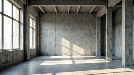 Sunlit Industrial Loft Space Spacious, Empty Room with Concrete Walls, Pillars, and Large Windows