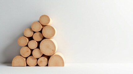 Stack of Natural Light Wooden Cylinders Arranged in a Triangular Pattern Against a White Background