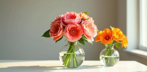 Fototapeta premium A bright arrangement of delicate coral and vibrant orange blossoms in elegant glass vases, bathed in sunlight on a pristine white surface