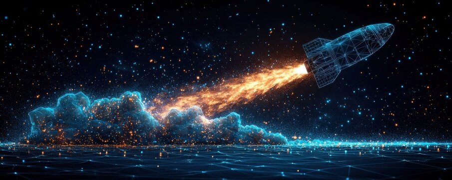 Low-poly wireframe illustration of a rocket launching from a smartphone