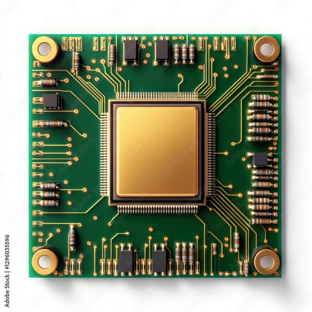 Poster detailed view of a circuit board featuring a shiny gold chip surrounded by intricate electronic conn
