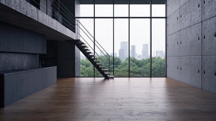 Obraz premium Modern Minimalist Interior with Large Windows and Concrete Walls