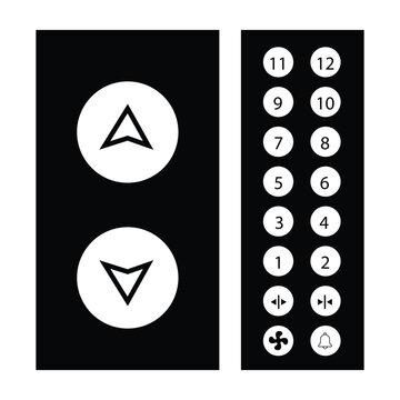 Elevator Buttons Panel and Call Buttons for Building Up and Down silhouette vector isolated on white background