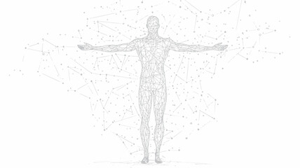 Low Poly Wireframe Human Figure with Starry Sky and Universe Abstract Background - Classic Proportion Man Origami Style Vector Illustration