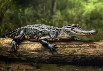 Obraz premium Crocodile Relaxing on a Log in a Lush Green Forest Surrounded by Natural Wilderness and Soft Light Filtering Through Tree Canopy