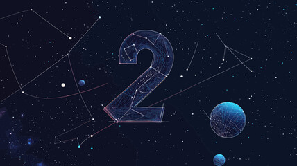 Naklejka premium Starry Space Number Two Digit 2 Wireframe with Planets and Stars Abstract Vector Minimalist SVG