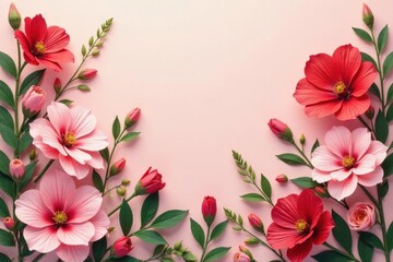 Fototapeta premium Lovely pink and red blossoms arranged symmetrically on a soft pink background, creating a delicate and elegant floral frame.
