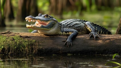 Crocodile Resting on a Log with Open Mouth in a Serene Wetland Setting Surrounded by Lush Greenery and Calm Water Reflections