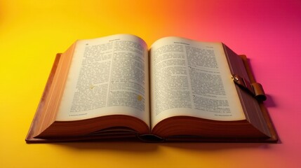 Obraz premium An antique book with aged pages lies open, revealing dense text and a leather clasp, resting on a vibrant yellow and pink gradient background.
