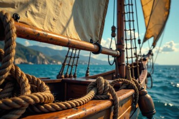 Obraz premium Vintage style rope and sailcloth hanging from old wooden mast, monochrome, ropes, wood