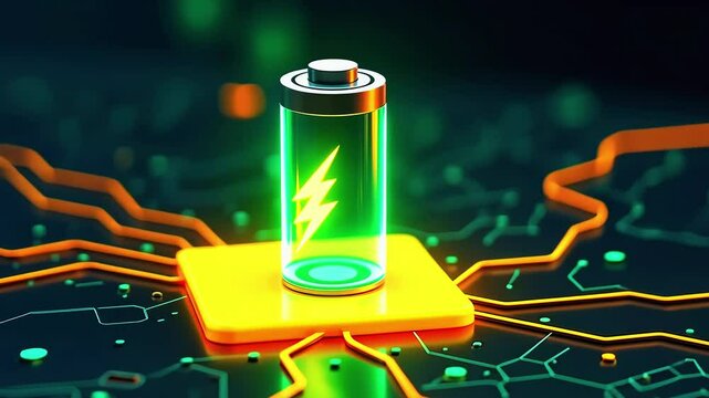 Futuristic glowing battery on a circuit board, symbolizing energy and technology advancement