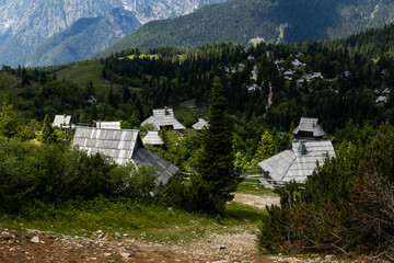 Velika Planina, Kamnik, Slovenia. Lord of the Rings style village. Wooden typical houses, hills,...