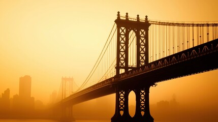 Fototapeta premium Serene Sunset Over Iconic Suspension Bridge in Golden Hour Light